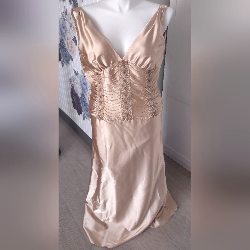 Jessica McClintock Vintage Gold Shimmery Satin Evening Gown Sz 12 (8-10?) Lined